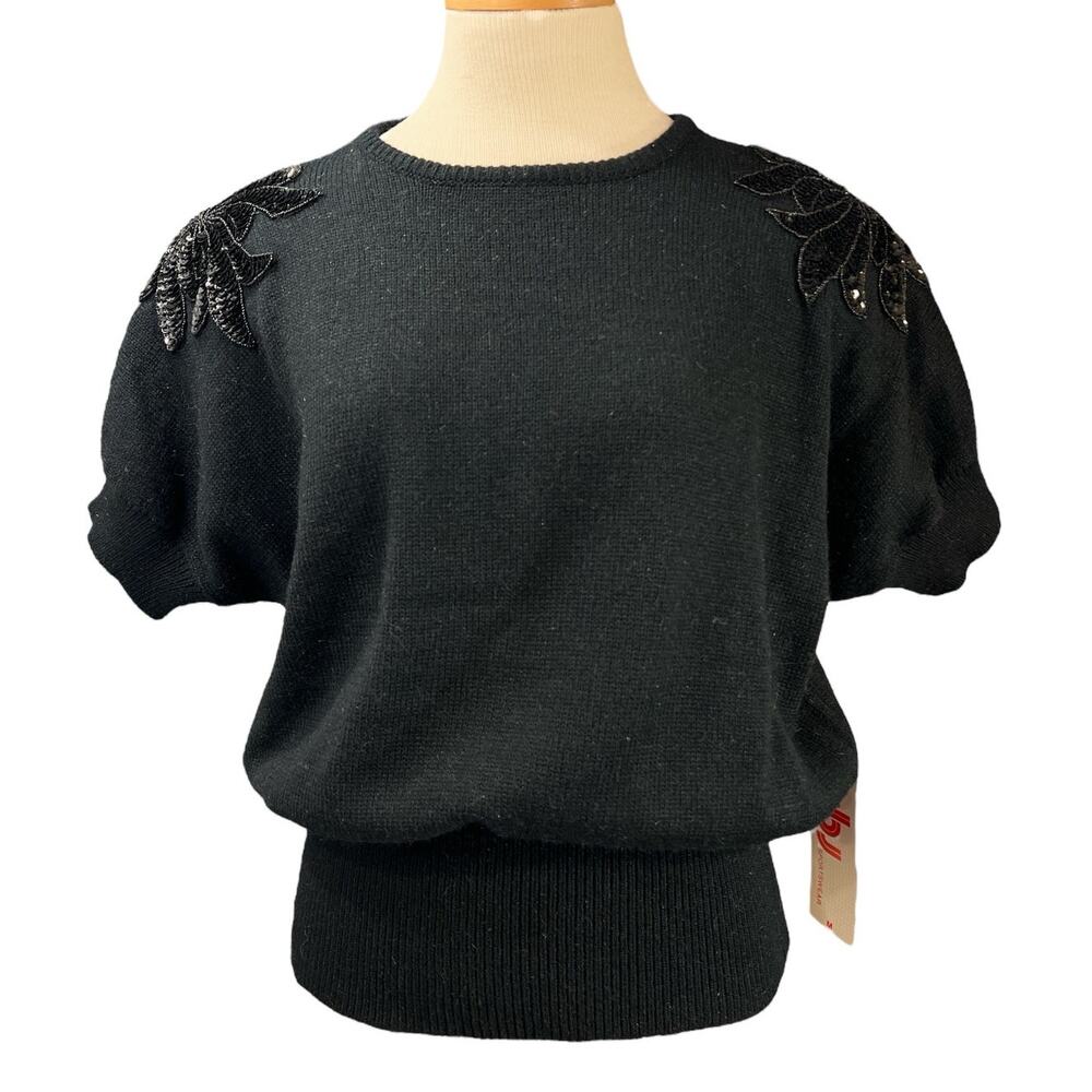 Vintage JBL Dolman Sleeve Fancy Sequin Epaulette Sweater Sz M Black Cozy Party